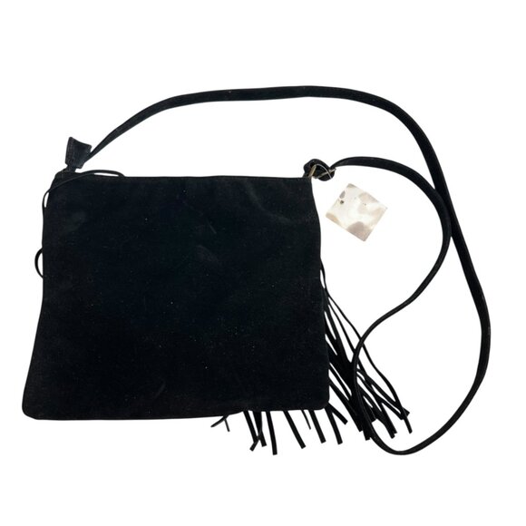 BP crossbody purse black faux suede fringe studs rectangular shoulder bag - Picture 2 of 4